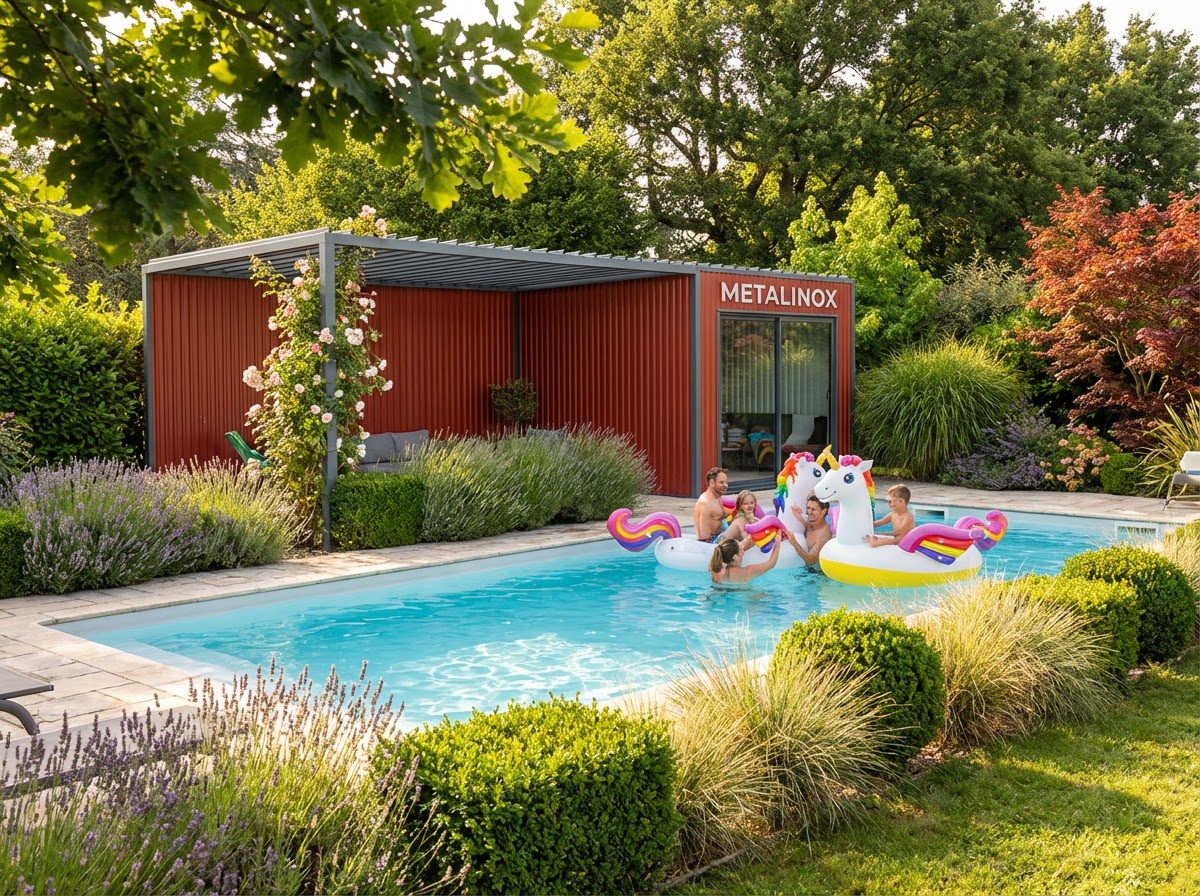 Pool house bardage métal rouge
