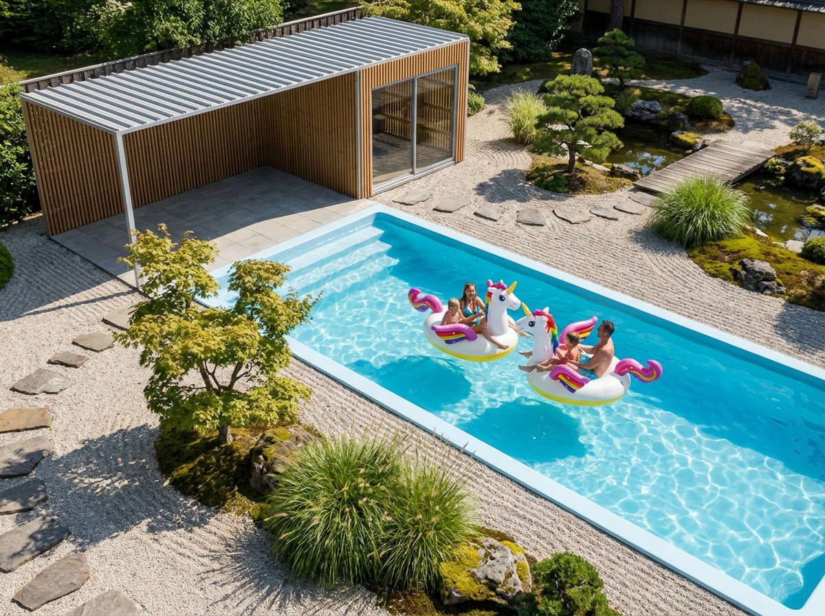 Vue aérienne pool house jardin zen